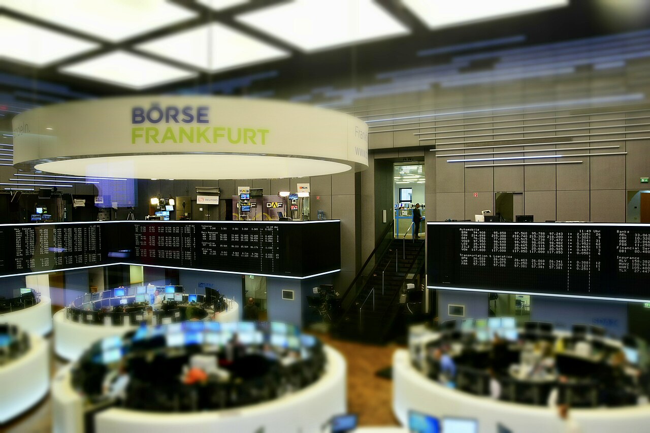 Frankfurt Stock Exchange trading floor with electronic price displays